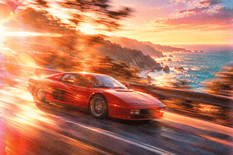 Une voiture de sport rouge lancée sur une route de bord de mer au couchant