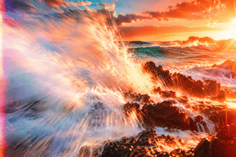 Une vague qui éclate sur des rochers noirs au coucher du soleil