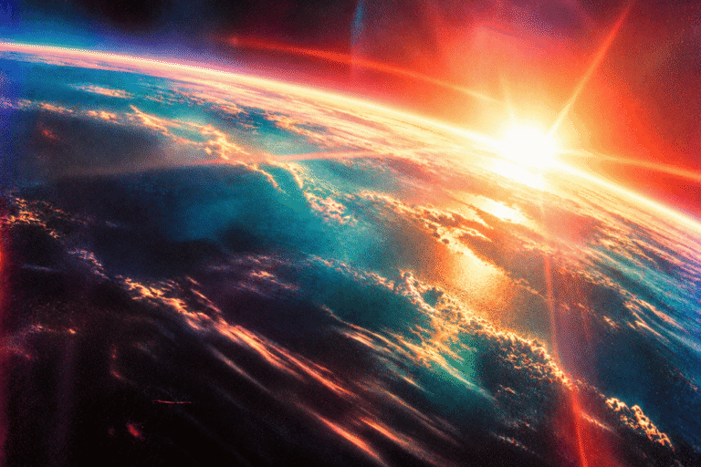 La Terre vue de l'orbite, le soleil se levant sur la courbe du globe