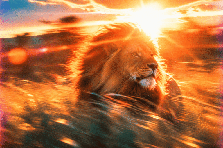 Un lion dans les hautes herbes à contre-jour, à l'heure dorée