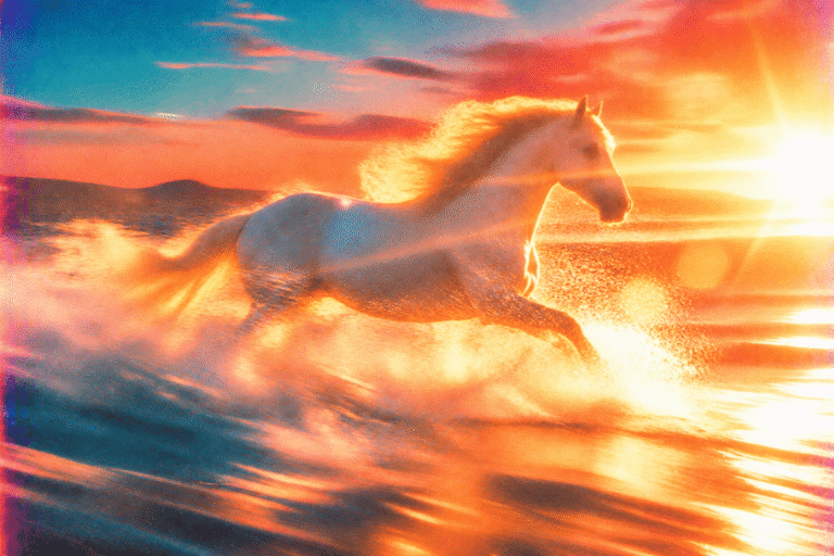 Un cheval blanc au galop dans le ressac, au lever du soleil
