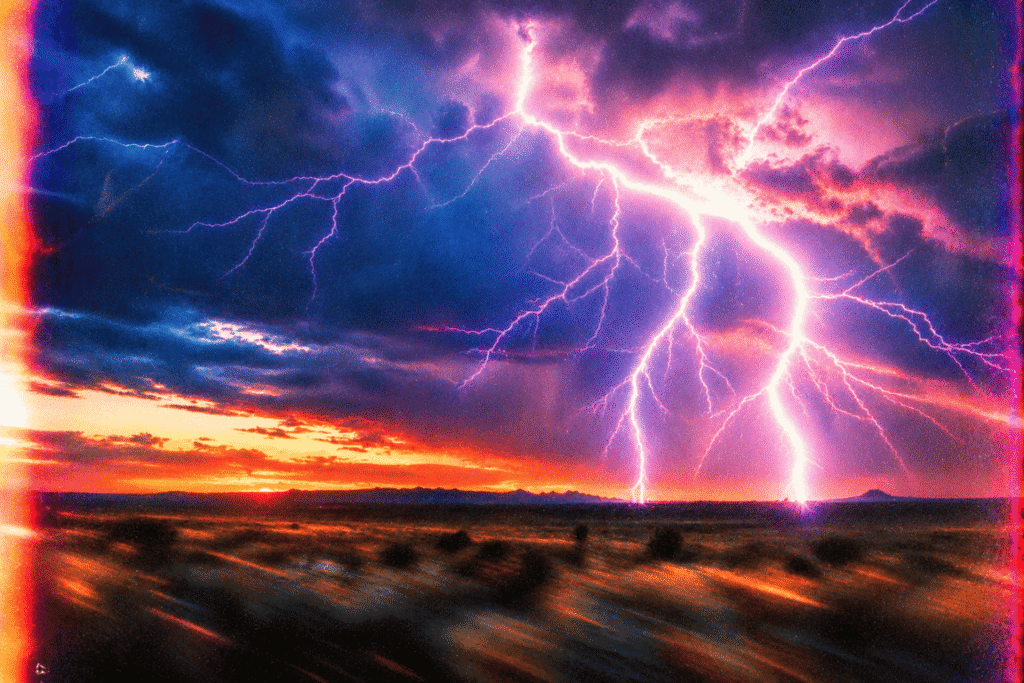 Un éclair ramifié traversant un ciel d'orage au-dessus de la plaine